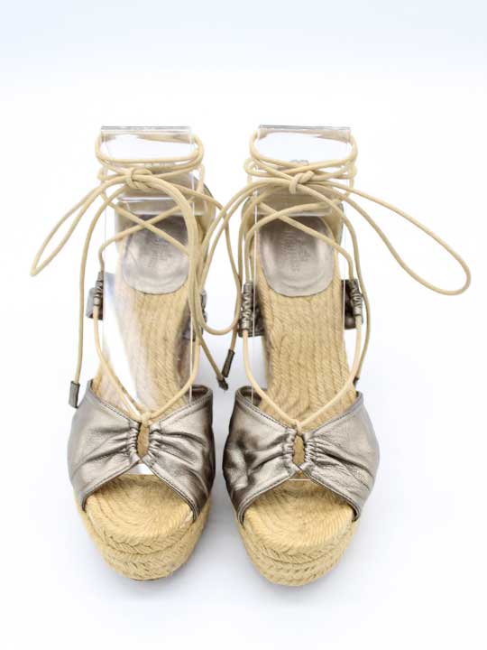 Hermes Lace-Up Wedge Sole Sandals (Greige x Beige)