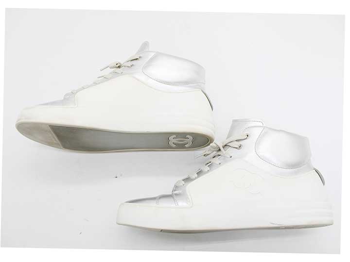 CHANEL Bicolor High-Top Sneakers Silver x White