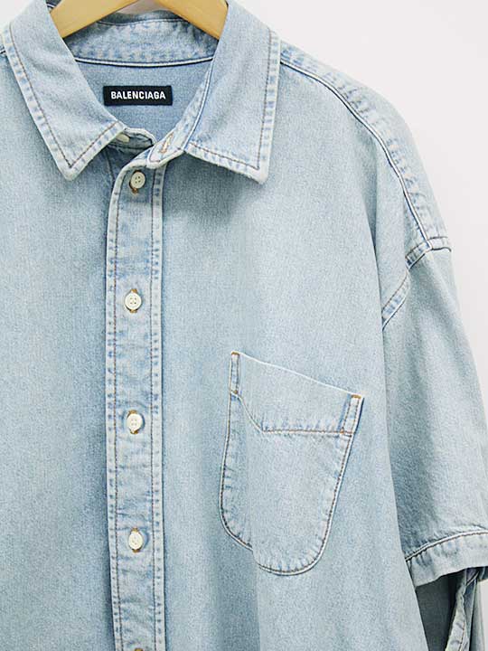 Balenciaga Cut Sleeve Denim Shirt Light Blue