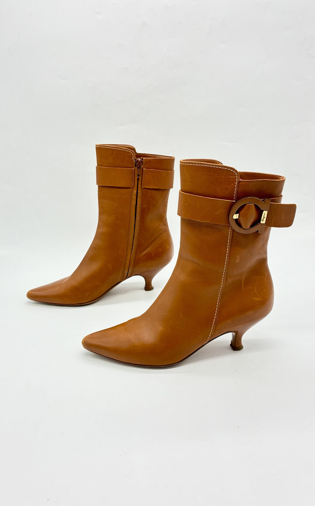 Salvatore Ferragamo Gancini Belt Short Boots (Camel)