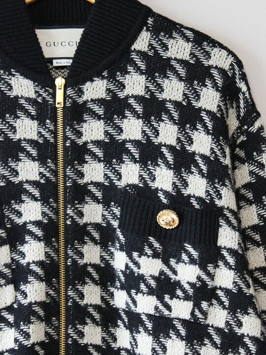 Gucci Houndstooth Knit Bomber Jacket (Model 595691-XKAW9) (Black x Ivory)
