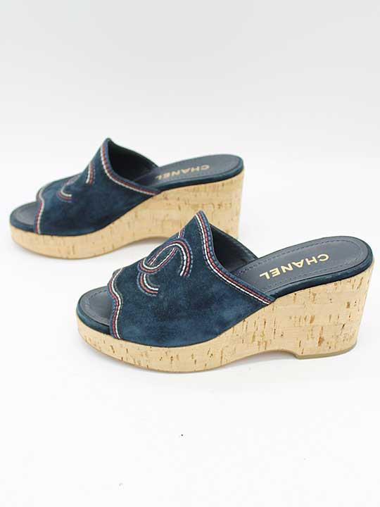 CHANEL CC Cork Wedge Sandals Navy